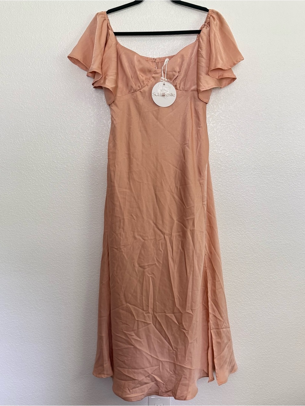 NWT Selfie Leslie Park Avenue Flutter Sleeve Side Split Midi Dress Apricot Large - Picture 2 of 8